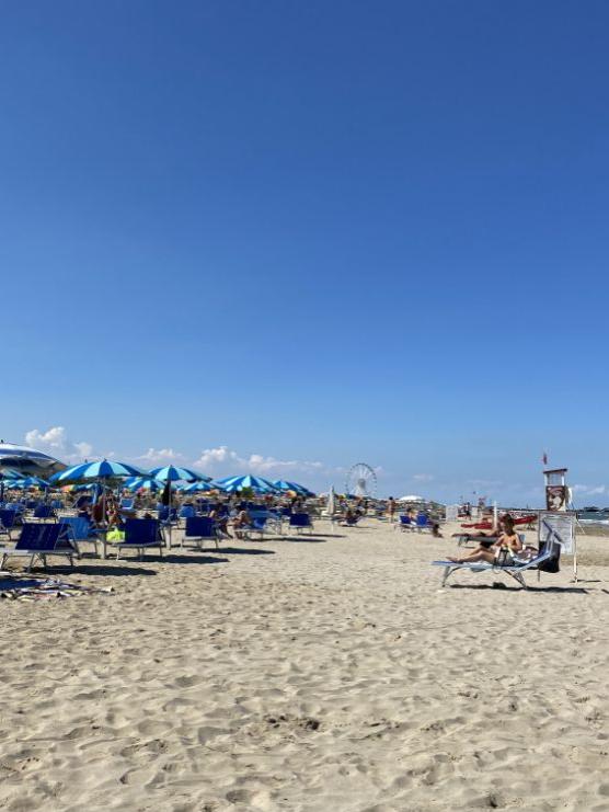 Spiaggia con ombrelloni blu, lettini, mare calmo e cielo sereno.